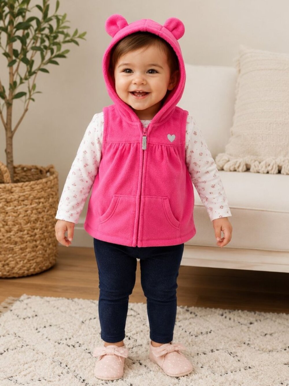 Carters Baby 9M Pink Fleece Vest Hooded Bear Ears Zip Front Heart Pocket